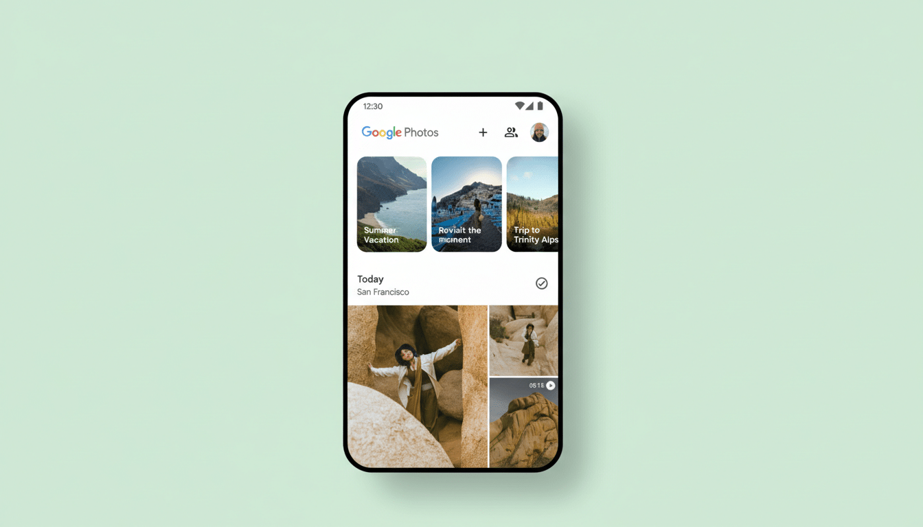 A smartphone displaying the Google Photos app interface, showcasing various photo albums and individual pictures.