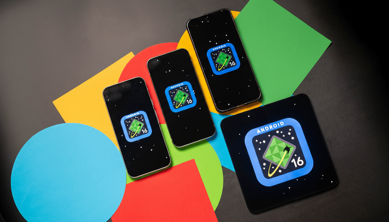 Four smartphones displaying the Android 16 logo on their screens, arranged on a dark surface with colorful paper shapes.
