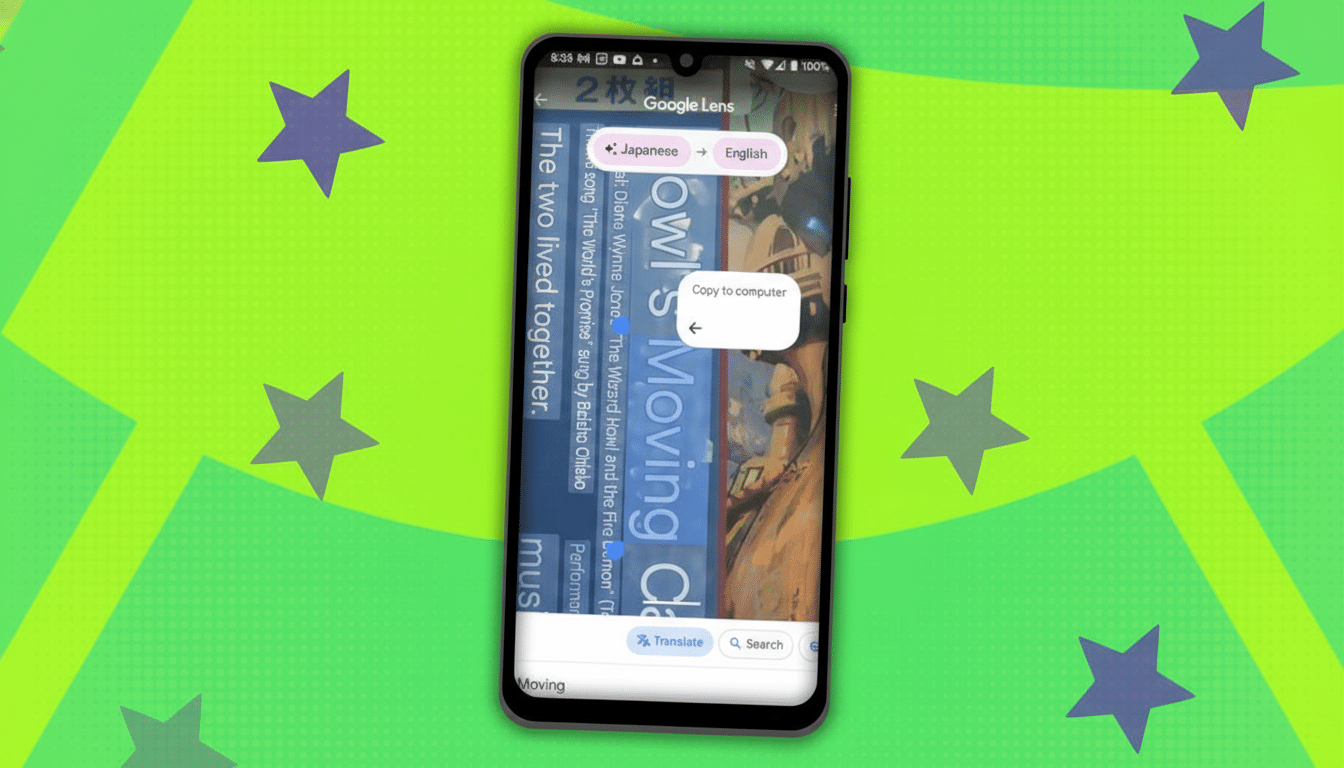 A smartphone displaying Google Lens translating Japanese text to English, with the text Howls Moving Castle visible, set against a vibrant green background with purple and gray stars.