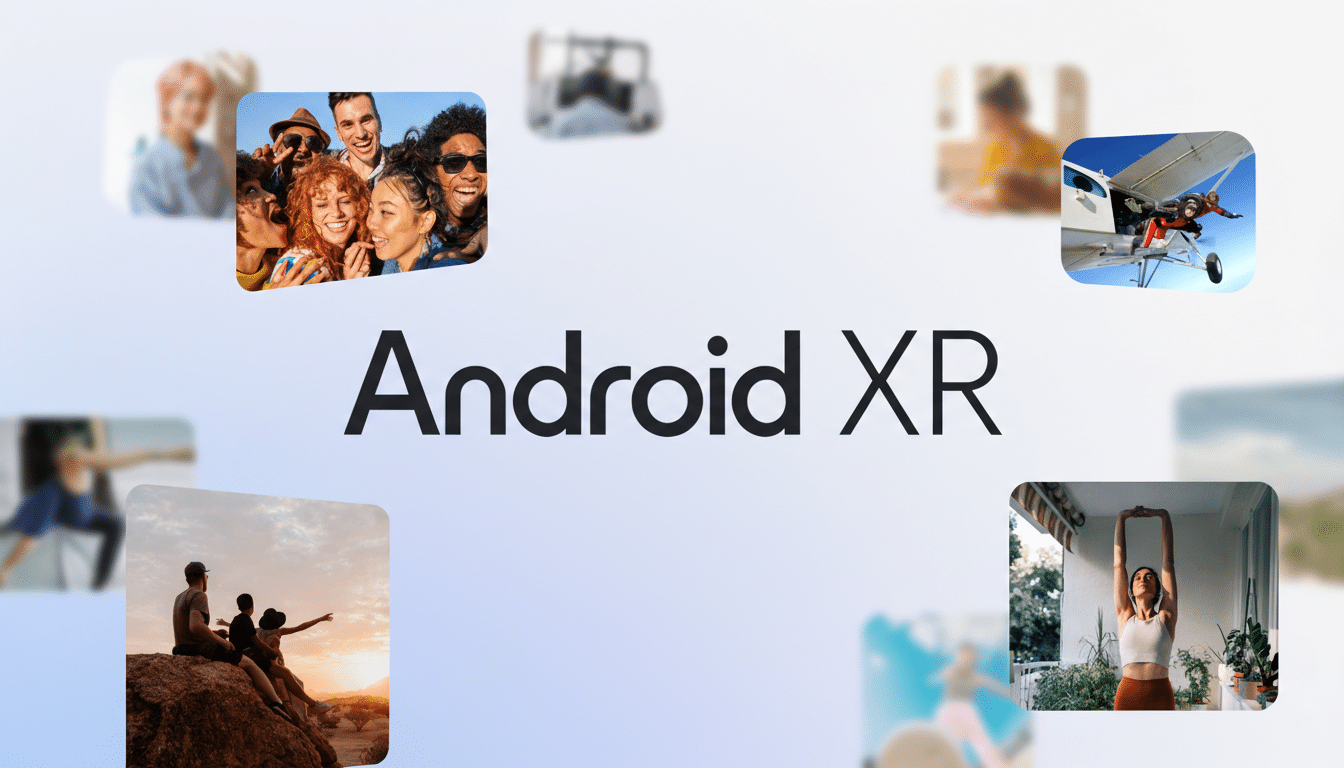 The image has been resized to a 16:9 aspect ratio, maintaining the original background and content. The central text Android XR is prominently displayed, surrounded by several smaller, rounded-corner images. These smaller images depict various human activities, including a group of friends smiling, a person skydiving from a plane, a person stretching, and people sitting on a rock formation at sunset. Other blurred images are also present in the background.