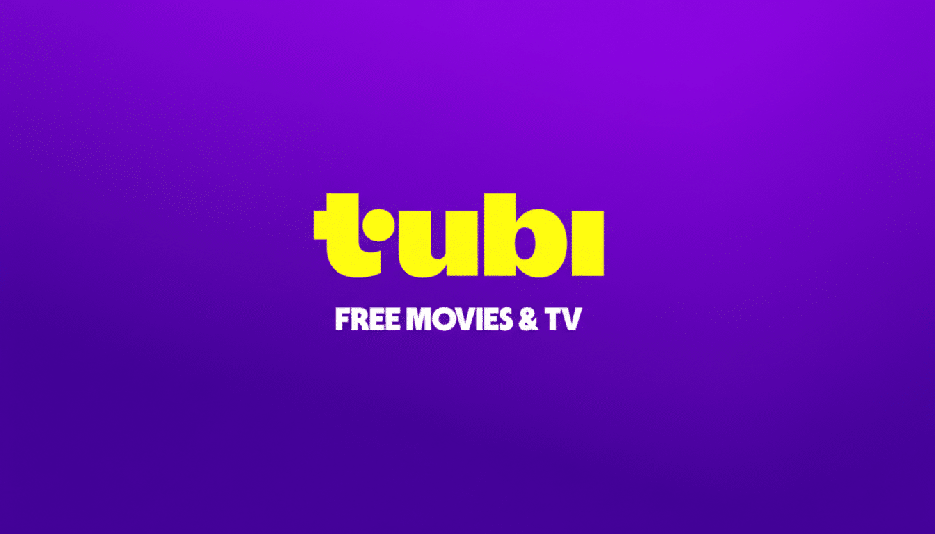 The Tubi logo, featuring the word tubi in yellow lowercase letters with a small circle above the i, and FREE MOVIES & TV in white capital letters below, all set against a solid purple background. The image has been resized to a 16:9 aspect ratio.