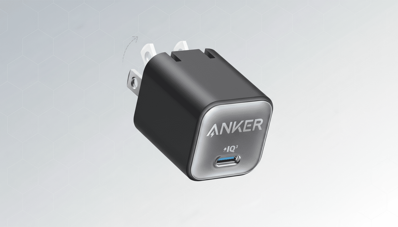 An Anker USB-C wall charger with foldable prongs, presented on a professional flat design background with soft geometric patterns.