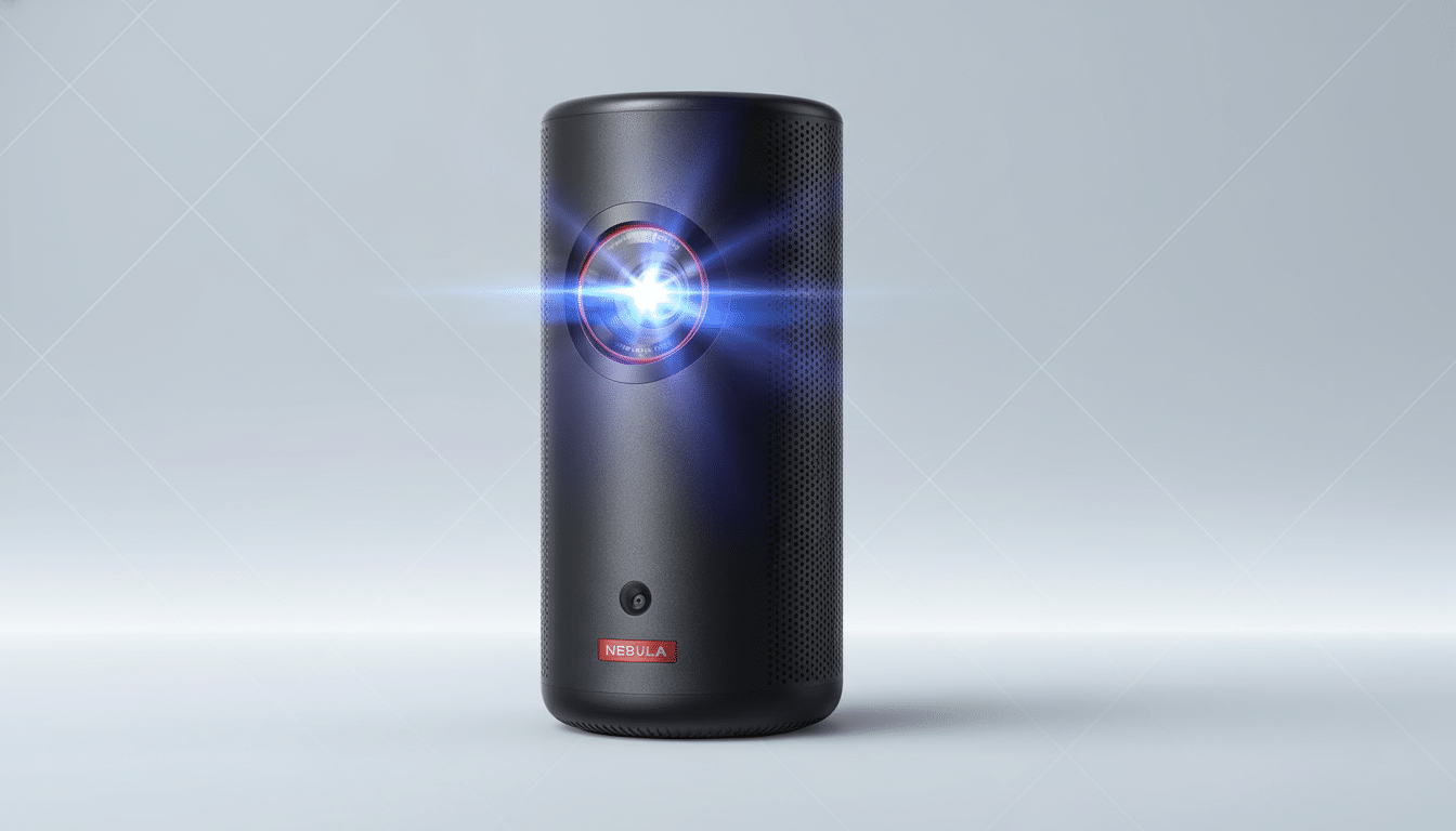 A black cylindrical Nebula projector with a glowing lens, set against a professional light gray background with subtle geometric patterns.
