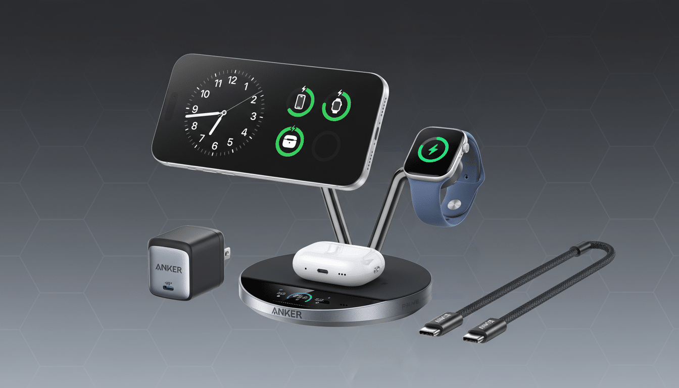 An Anker 3-in-1 wireless charging station with a smartphone, smartwatch, and earbuds charging, alongside a wall charger and two USB-C cables, all presented on a professional flat design background with soft patterns.