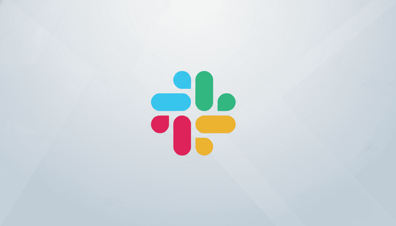 The Slack logo, a colorful four-leaf clover-like shape made of rounded rectangles in blue, green, red, and yellow, centered on a professional light gray background with subtle geometric patterns.