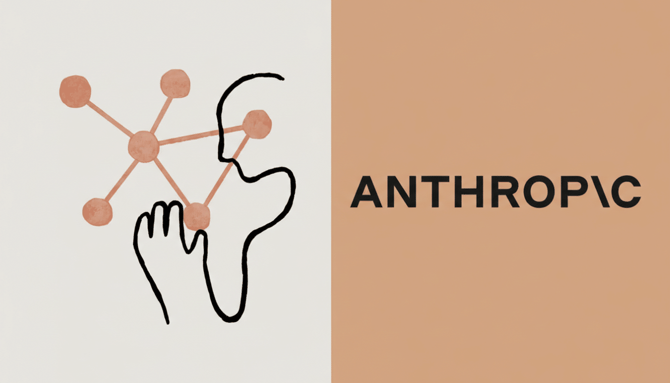 The Anthropic logo, featuring a stylized illustration of a hand and face interacting with a network of connected nodes, alongside the company name ANTHROPIC with a backslash before the C. The background is split, with the illustration on a light beige and the text on a light brown.