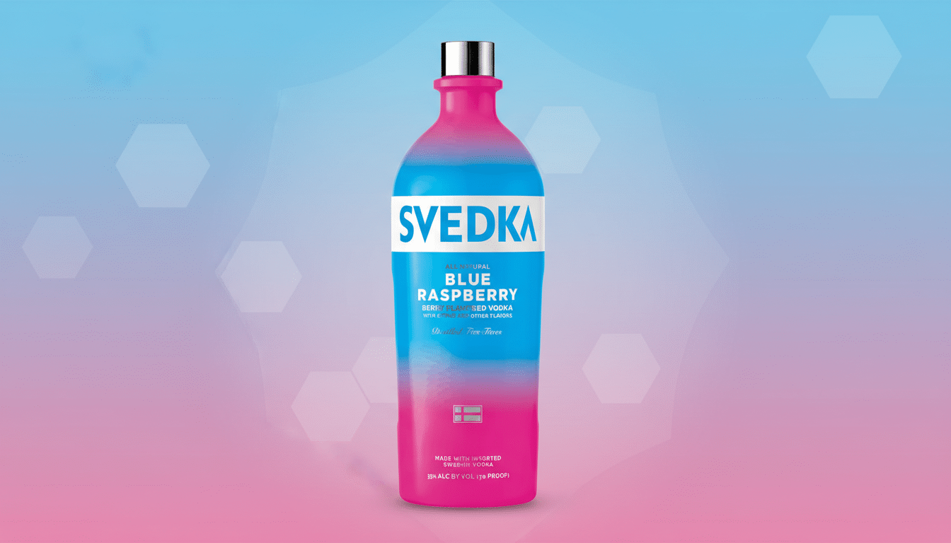 A 16:9 aspect ratio image of a Svedka Blue Raspberry vodka bottle with a blue and pink gradient, set against a professional flat design background with soft patterns and gradients.