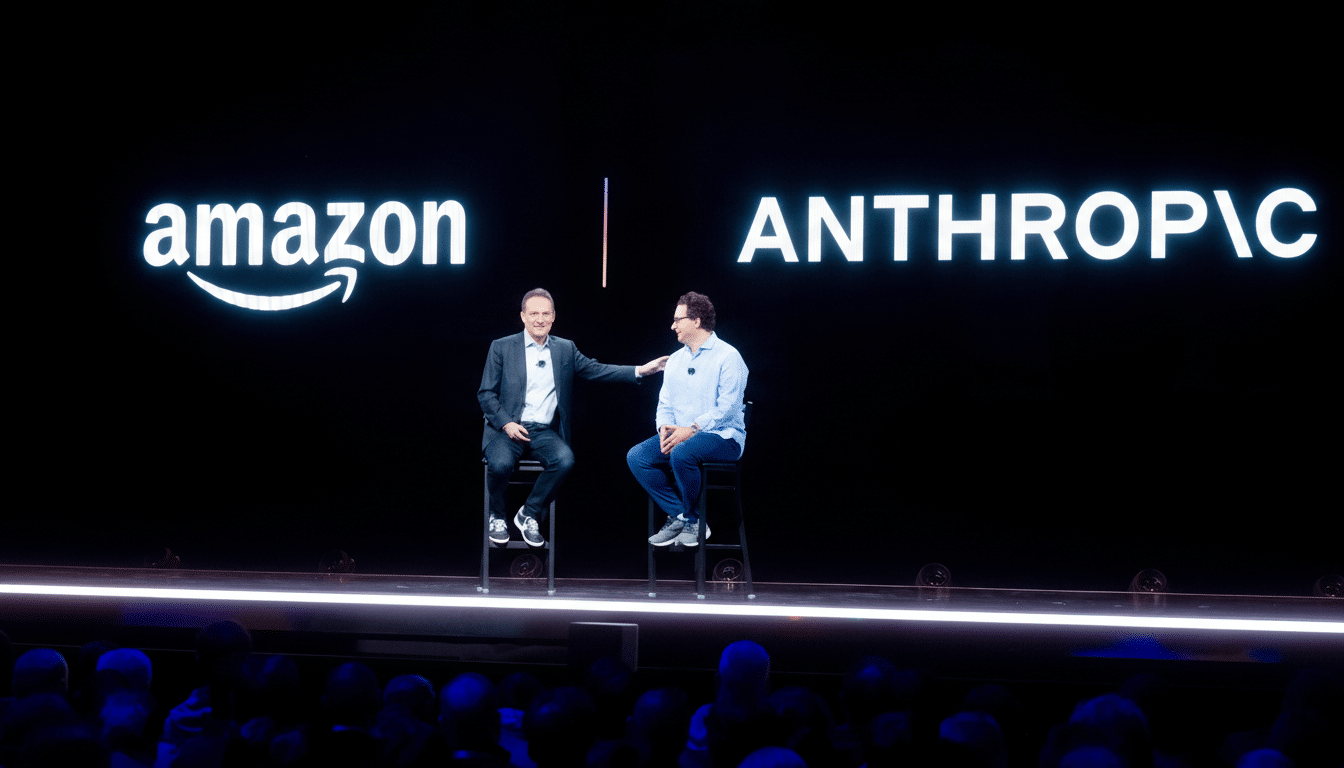 Two men sitting on stools on a stage with amazon and ANTHROPIC logos displayed on a large screen behind them.