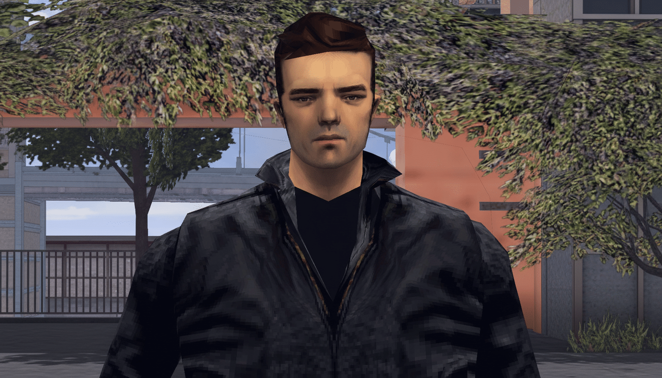 A man with dark hair and a black leather jacket, standing outdoors with trees and buildings in the background.