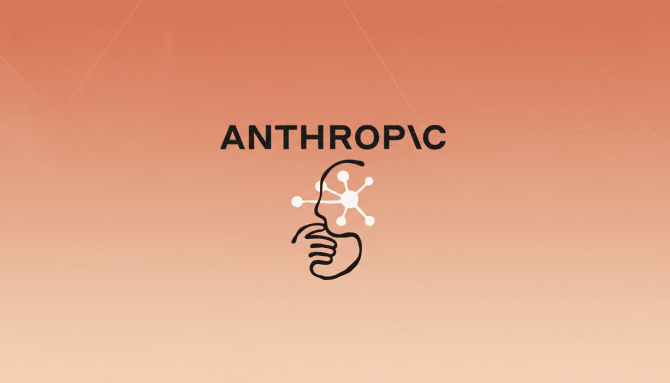 The Anthropic logo, featuring the word ANTHROPC in black text above a stylized black line drawing of a face in profile with a white, star-like icon near the temple, set against a professional 16:9 aspect ratio background with a soft orange-to-peach gradient and subtle geometric patterns.