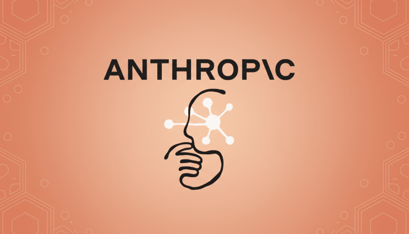 The Anthropic logo, featuring the word ANTHROPIC in black capital letters above a stylized black line drawing of a human profile with a white, spiky, star-like shape near the temple, all set against a professional flat design background with soft patterns and gradients in a peach hue.