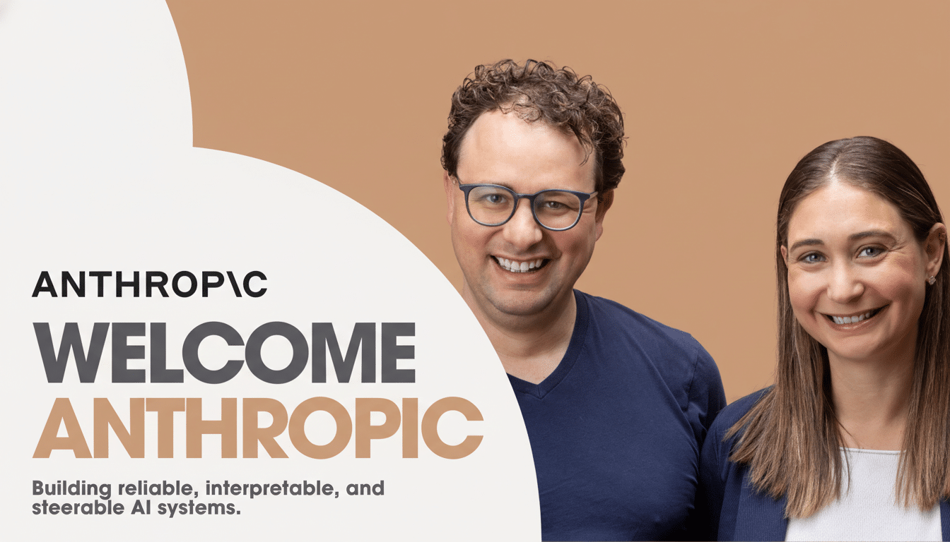 A 16:9 aspect ratio image featuring two smiling individuals, a man and a woman, with the text ANTHROPIC WELCOME ANTHROPIC Building reliable, interpretable, and steerable AI systems.