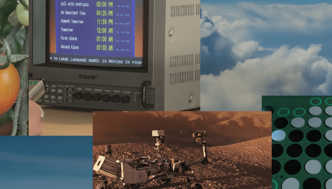 A collage of images including a close-up of tomatoes, a vintage Sony monitor displaying text, a cloudy sky, a Mars rover on a desert landscape, and a grid of circular buttons.