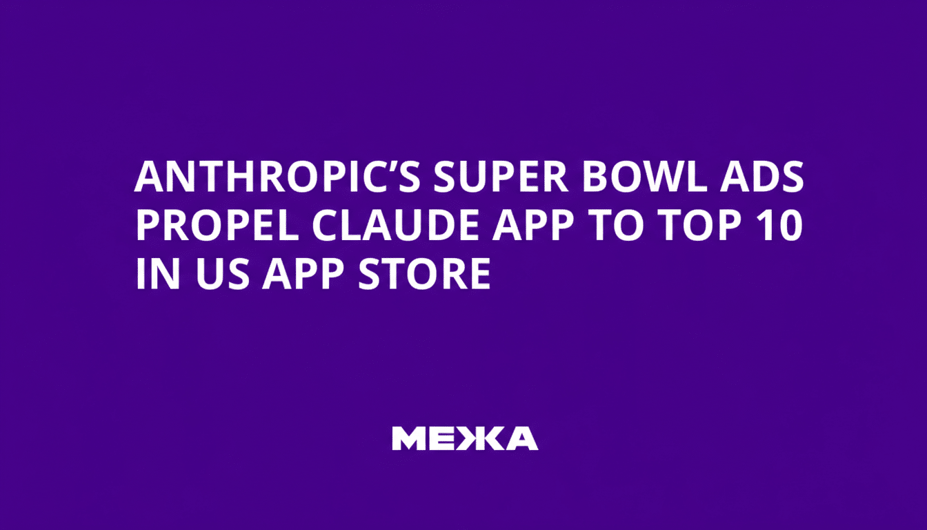 A purple background with white text that reads ANTHROPICS SUPER BOWL ADS PROPEL CLAUDE APP TO TOP 10 IN US APP STORE and МЕЖА at the bottom.
