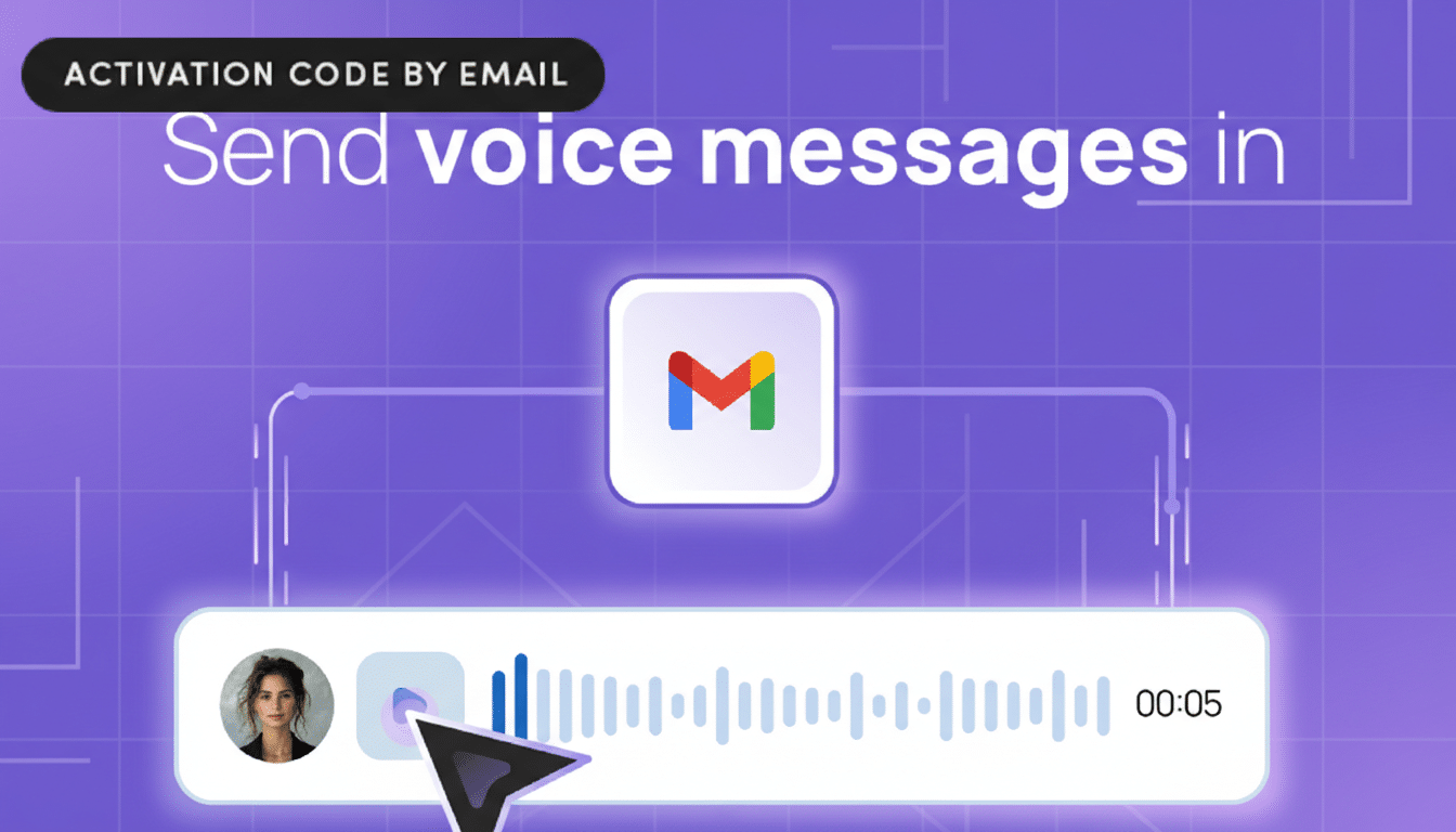An image with a purple background showing a Gmail icon and a voice message interface with a persons profile picture.