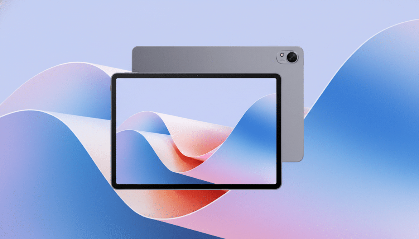 A gray tablet with a colorful, wavy wallpaper on its screen, positioned in front of the back of another gray tablet, all set against a professional flat design background with soft blue and pink gradients and subtle wave patterns.