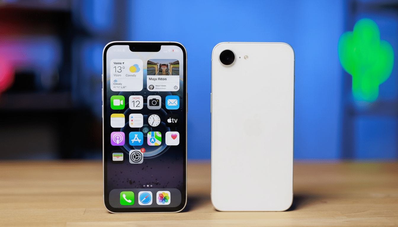 Two iPhones, one with a screen displaying apps and widgets, and the other showing its white back, are placed side-by-side on a wooden surface with a blurred blue and green background.