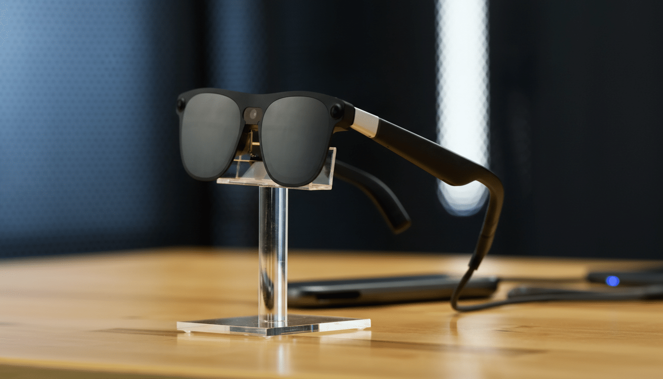 A pair of black smart glasses with dark lenses and silver accents, displayed on a clear stand on a wooden surface.