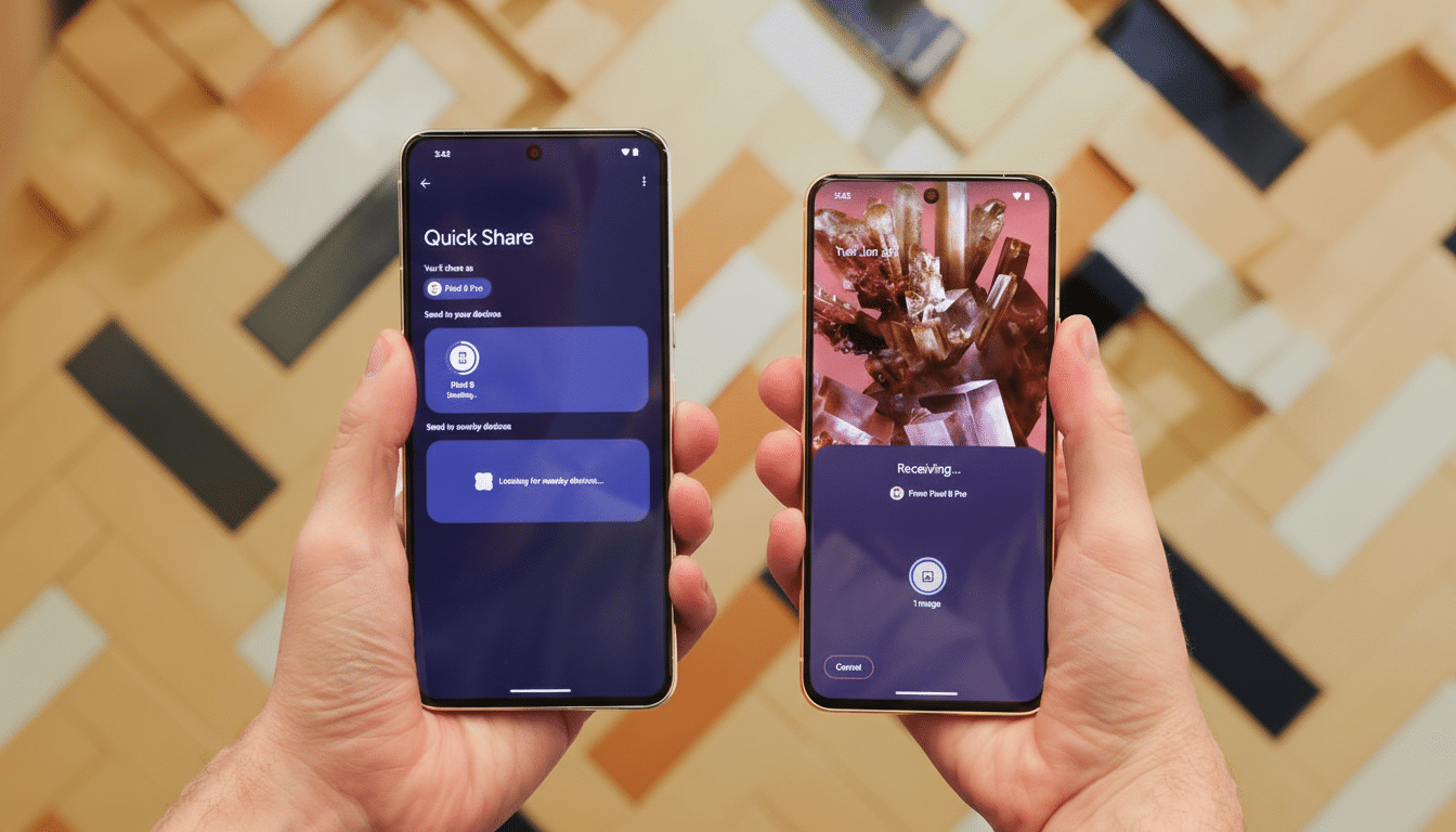 Two hands holding two smartphones, one displaying Quick Share and the other Receiving.