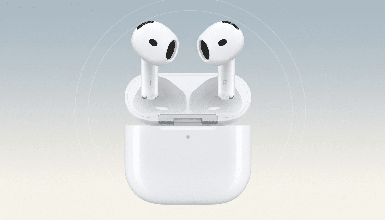 A pair of white wireless earbuds in their open charging case, presented against a professional flat design background with soft gradients and subtle circular patterns.