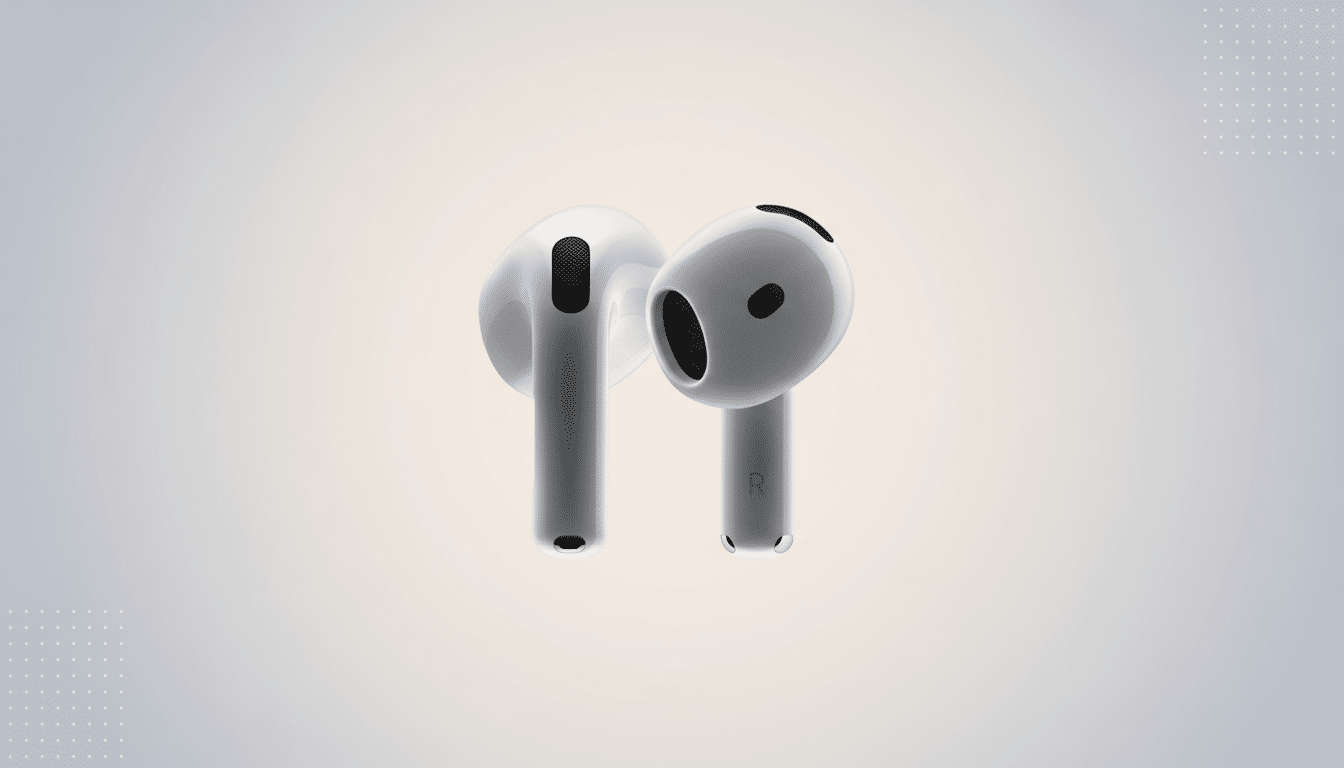 A pair of white Apple AirPods (3rd generation) on a professional flat design background with soft patterns and gradients.