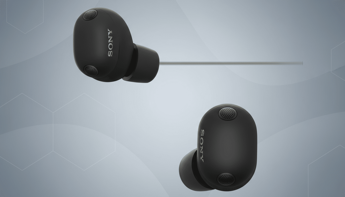 A pair of black Sony LinkBuds S earbuds with gold SONY branding, presented on a professional flat design background with soft gray gradients and subtle hexagonal patterns.