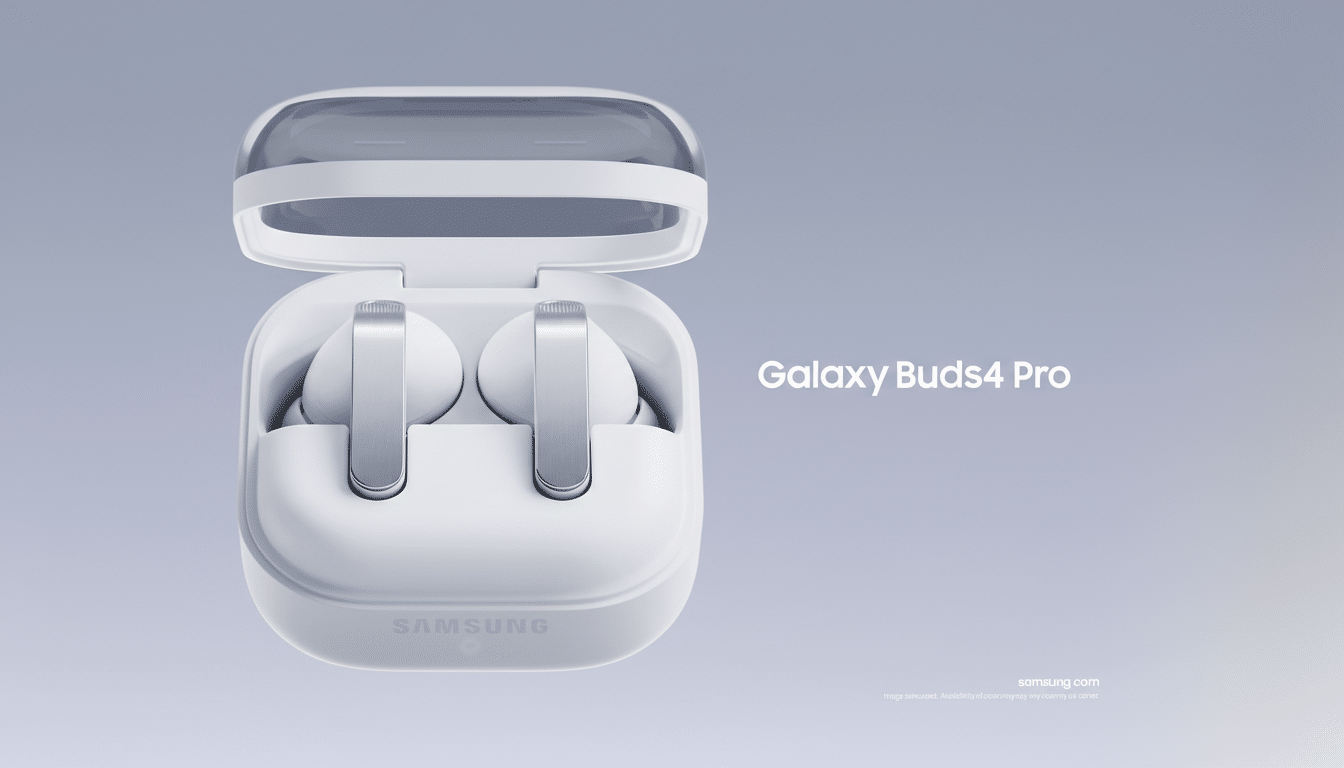 A pair of white Samsung Galaxy Buds4 Pro earbuds in their open charging case, set against a professional flat design background with a soft gradient.