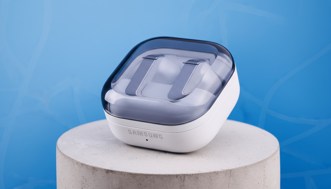 A white Samsung earbud case with a translucent dark lid, sitting on a light gray cylindrical pedestal against a blue background with subtle line patterns.