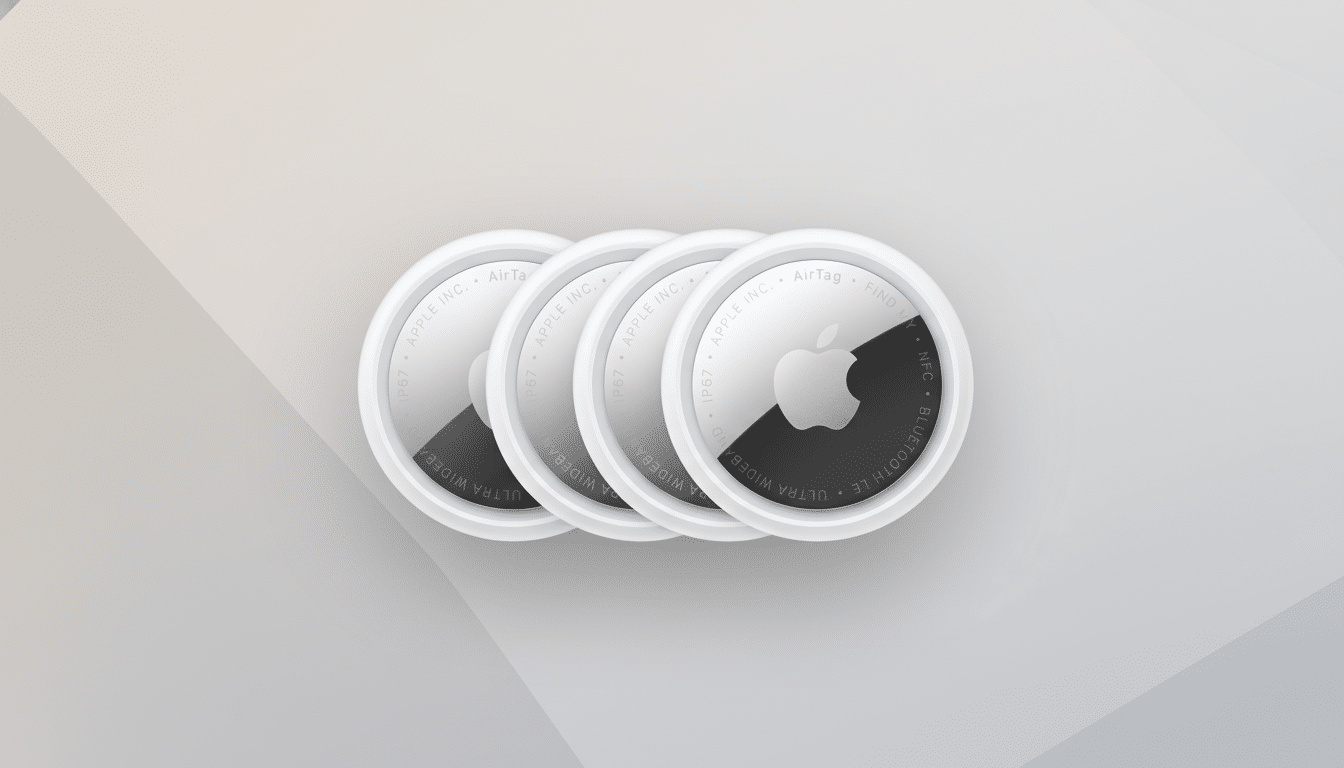 Four Apple AirTags are arranged in a slightly overlapping diagonal line on a professional flat design background with soft gray and white gradients and subtle geometric patterns.