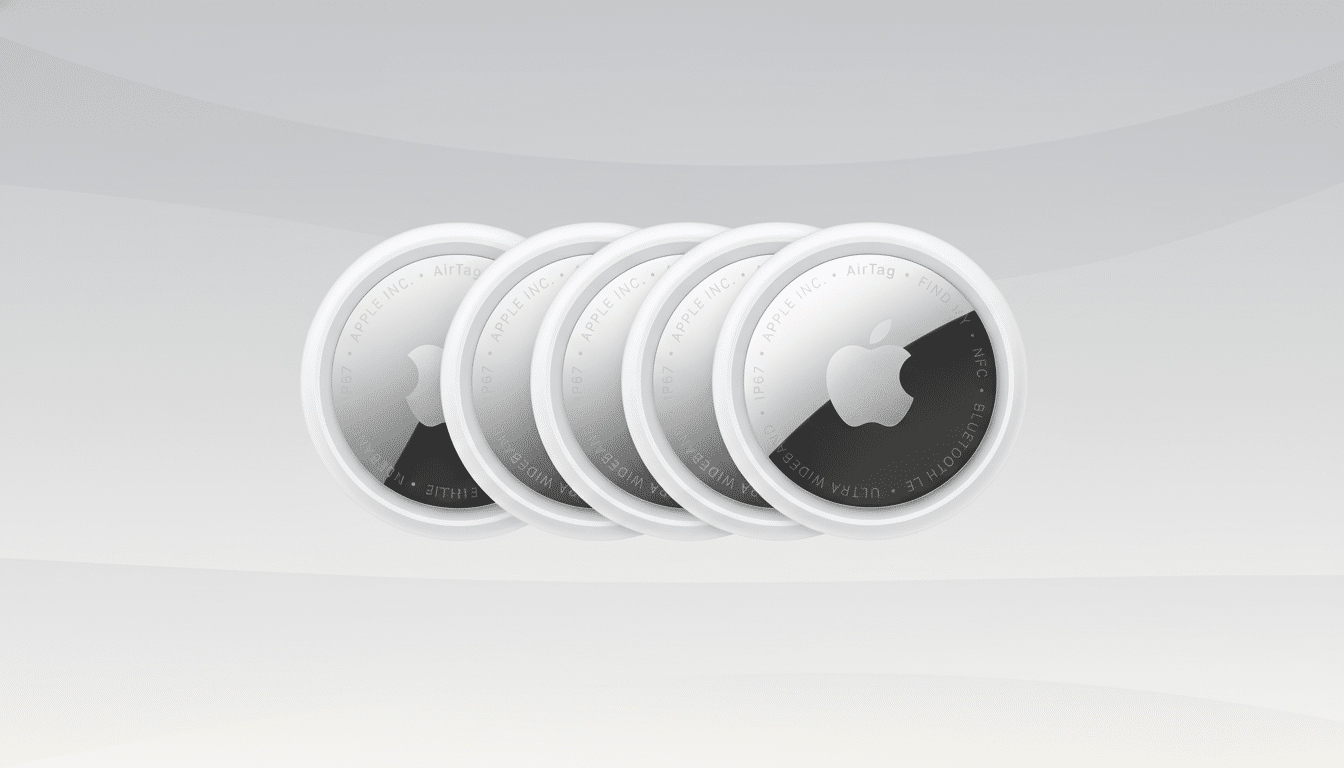 Four Apple AirTags are arranged in a slightly overlapping row, with the frontmost AirTag showing its white and silver design with the Apple logo and AirTag text. The background is a professional flat design with a soft gray gradient.