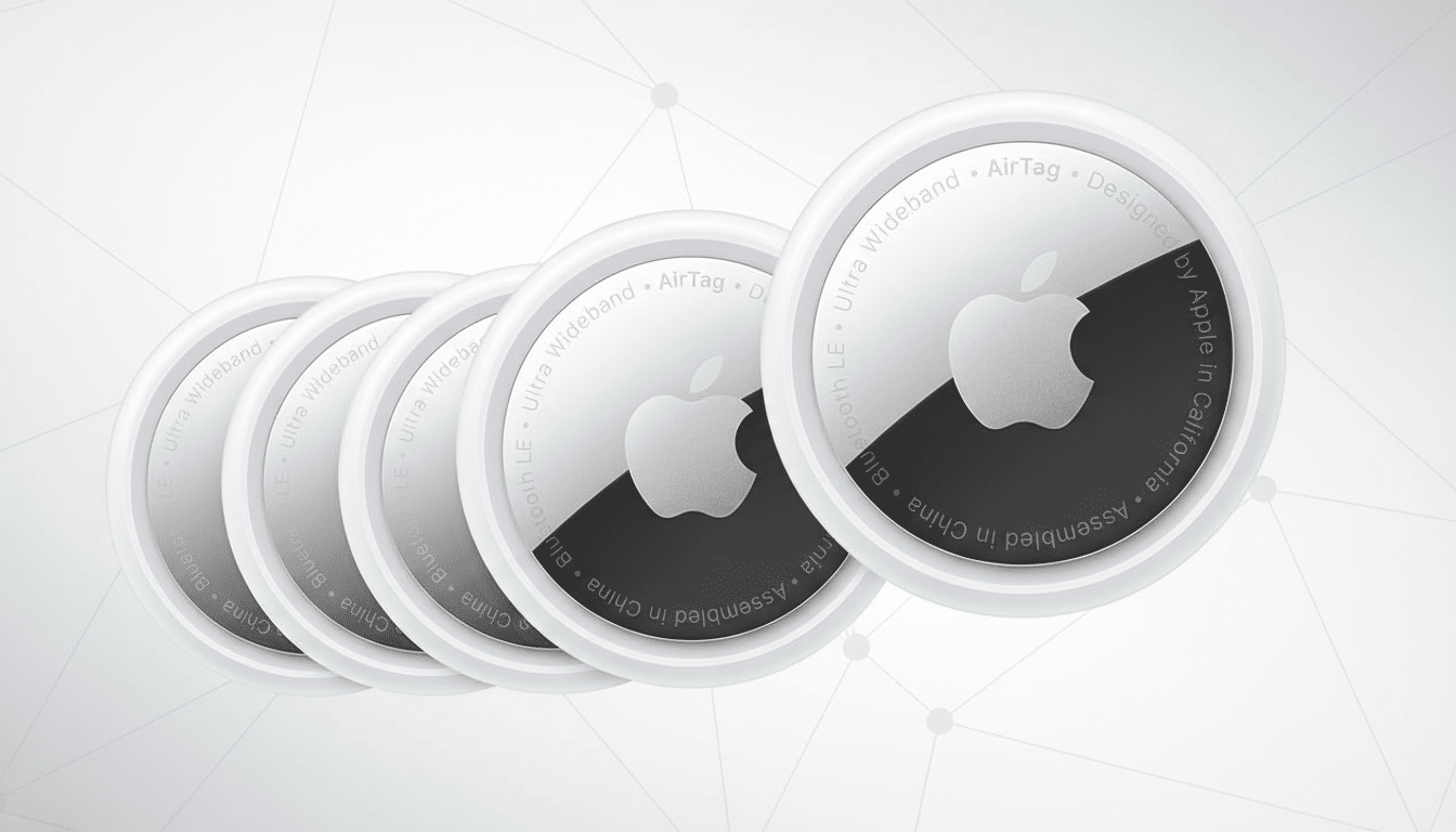 A row of five Apple AirTags, with the frontmost AirTag in sharp focus, against a professional flat design background with soft patterns.