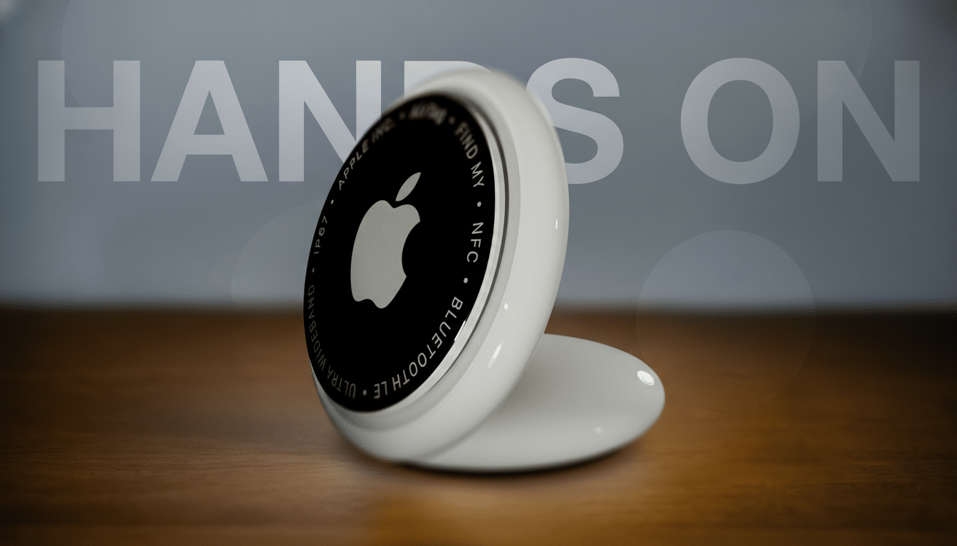 A white Apple AirTag with a black center featuring the Apple logo, resting on a wooden surface. The background is a blurred gray with the words HANDS ON faintly visible.
