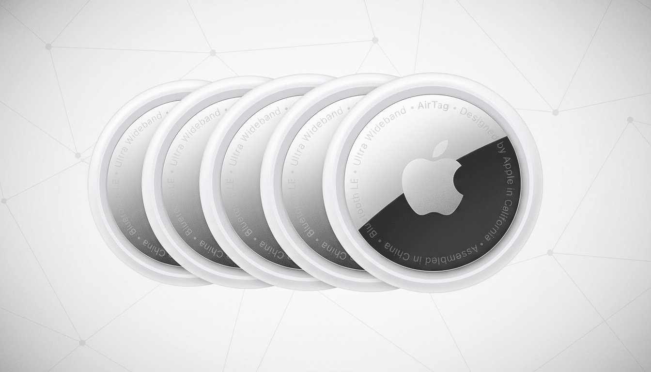 Five Apple AirTags are arranged in a slightly fanned line against a professional flat design background with soft patterns.