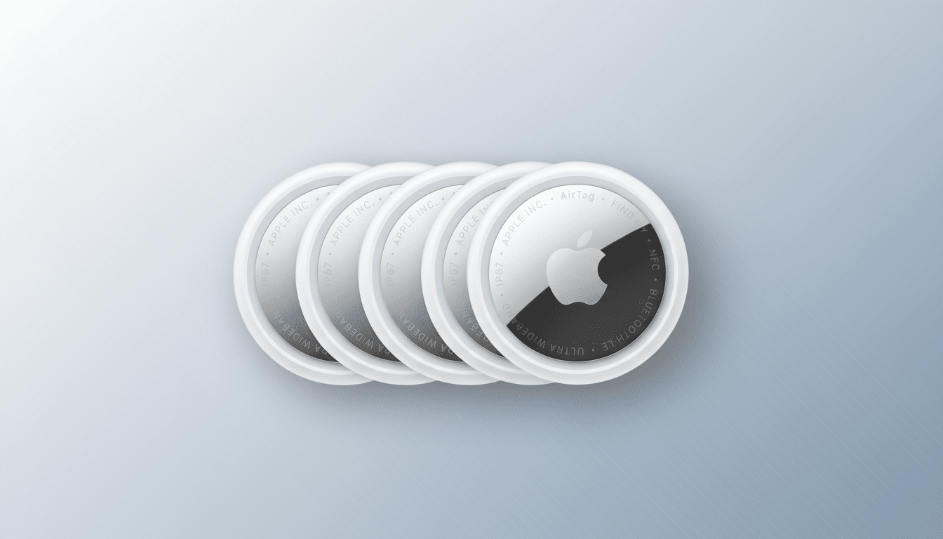Four Apple AirTags are arranged in a slightly fanned pattern on a professional flat design background with a soft gradient from light grey to a slightly darker grey. The AirTags are white with a silver metallic center featuring the Apple logo.