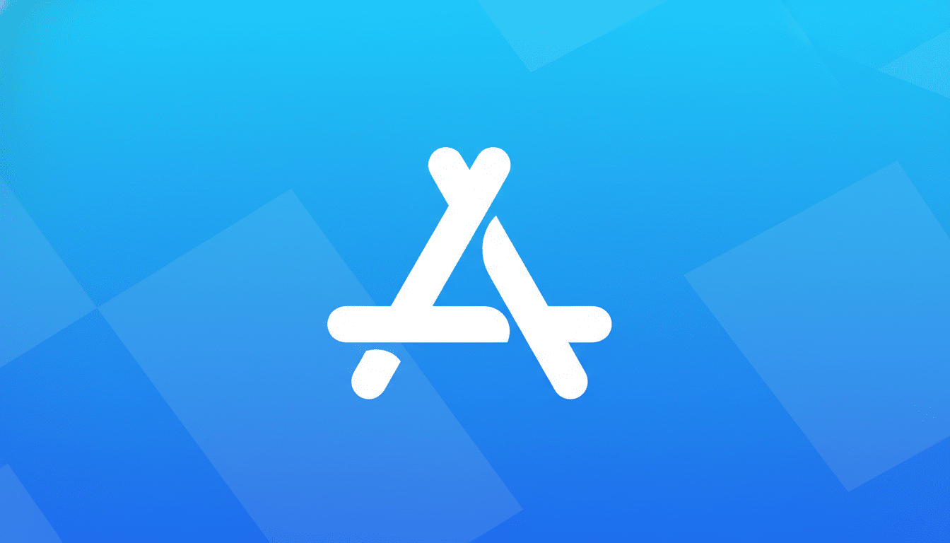 The Apple App Store icon, a white stylized A made of three lines, centered on a blue gradient background with subtle geometric patterns.