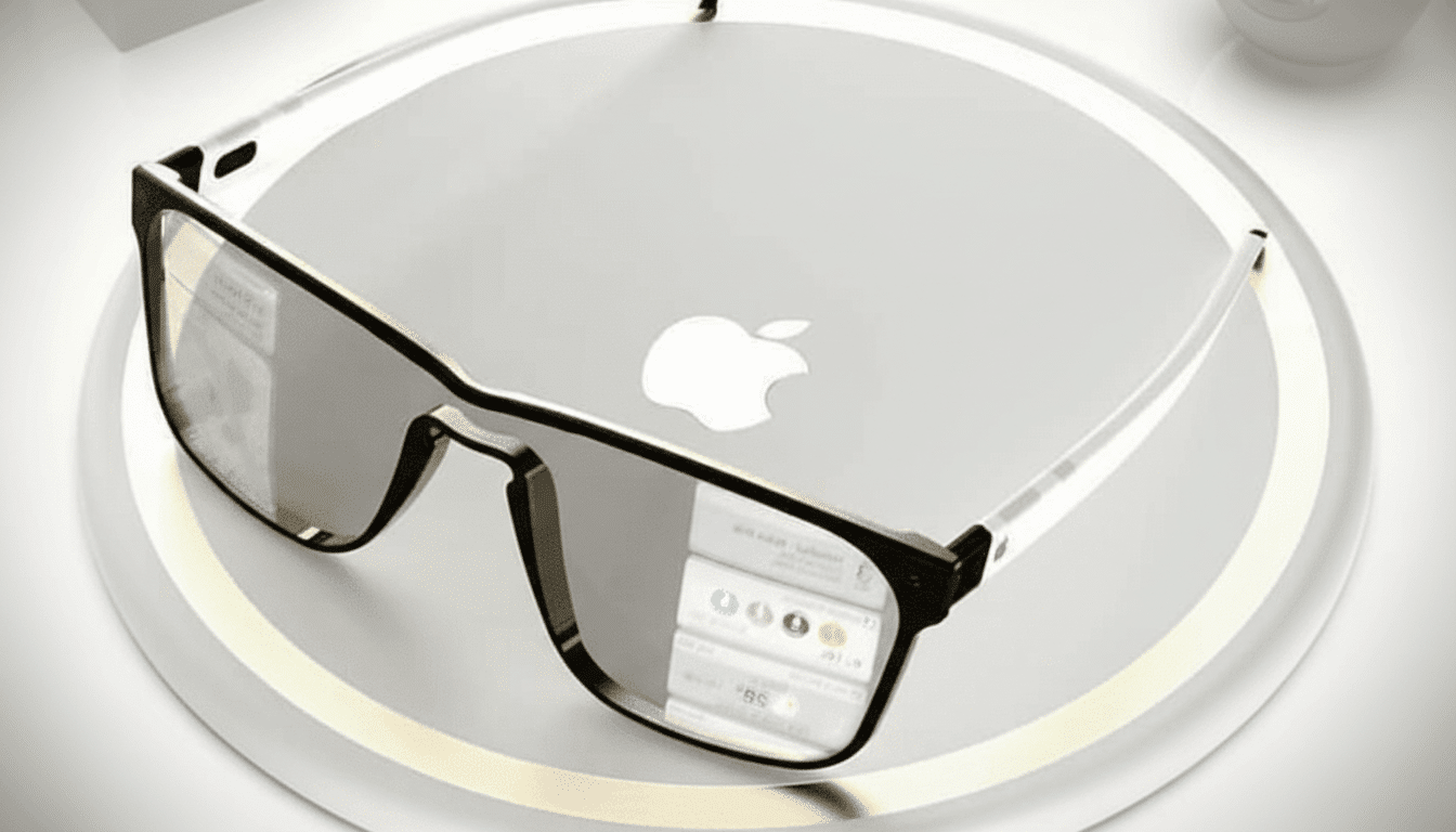 A pair of black-framed smart glasses with transparent lenses displaying digital interfaces, resting on a silver circular surface with an Apple logo.
