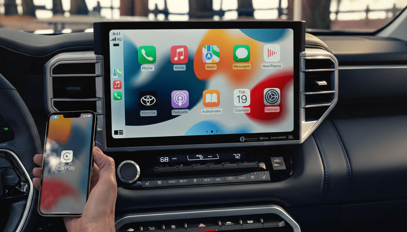 A hand holding an iPhone displaying CarPlay, with the phones screen mirrored on a large infotainment display in a cars dashboard.