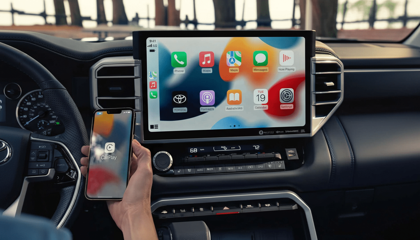 A hand holding an iPhone displaying the CarPlay interface, positioned in front of a cars dashboard screen also showing the CarPlay interface.