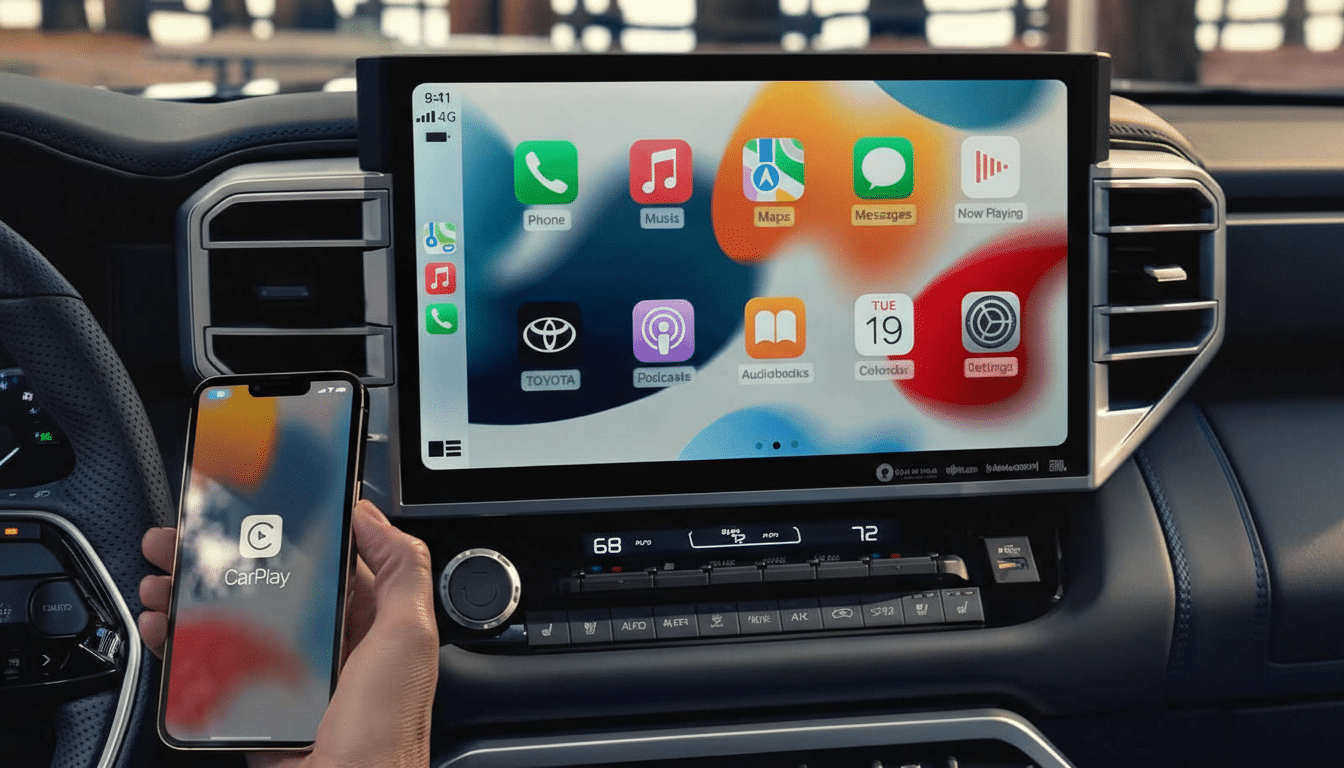 A hand holding an iPhone displaying the CarPlay logo, positioned in front of a cars dashboard screen which shows the Apple CarPlay interface with various app icons.