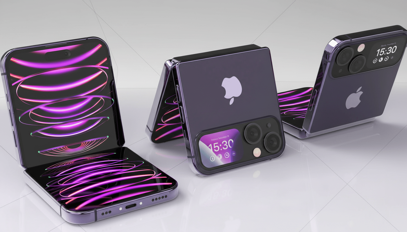 A professional image of three purple flip-style smartphones, possibly an iPhone concept, displayed on a clean, light gray surface. The phone on the left is open, revealing a screen with vibrant purple and pink abstract lines. The middle phone is partially folded, showing its back with an Apple logo and a small external screen displaying the time and date. The phone on the right is fully closed, showcasing its back design and camera module.