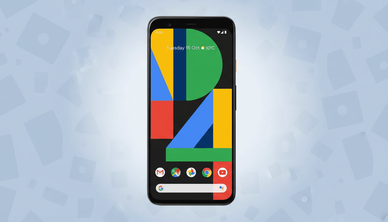 A Google Pixel 4 smartphone displayed against a light blue background with subtle geometric patterns.