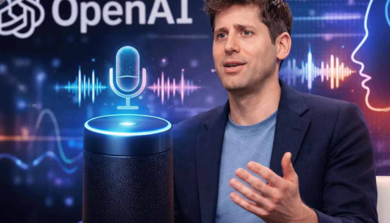 A man in a suit jacket and blue shirt speaks, with an OpenAI logo and a smart speaker with a glowing microphone icon and sound waves in the background.