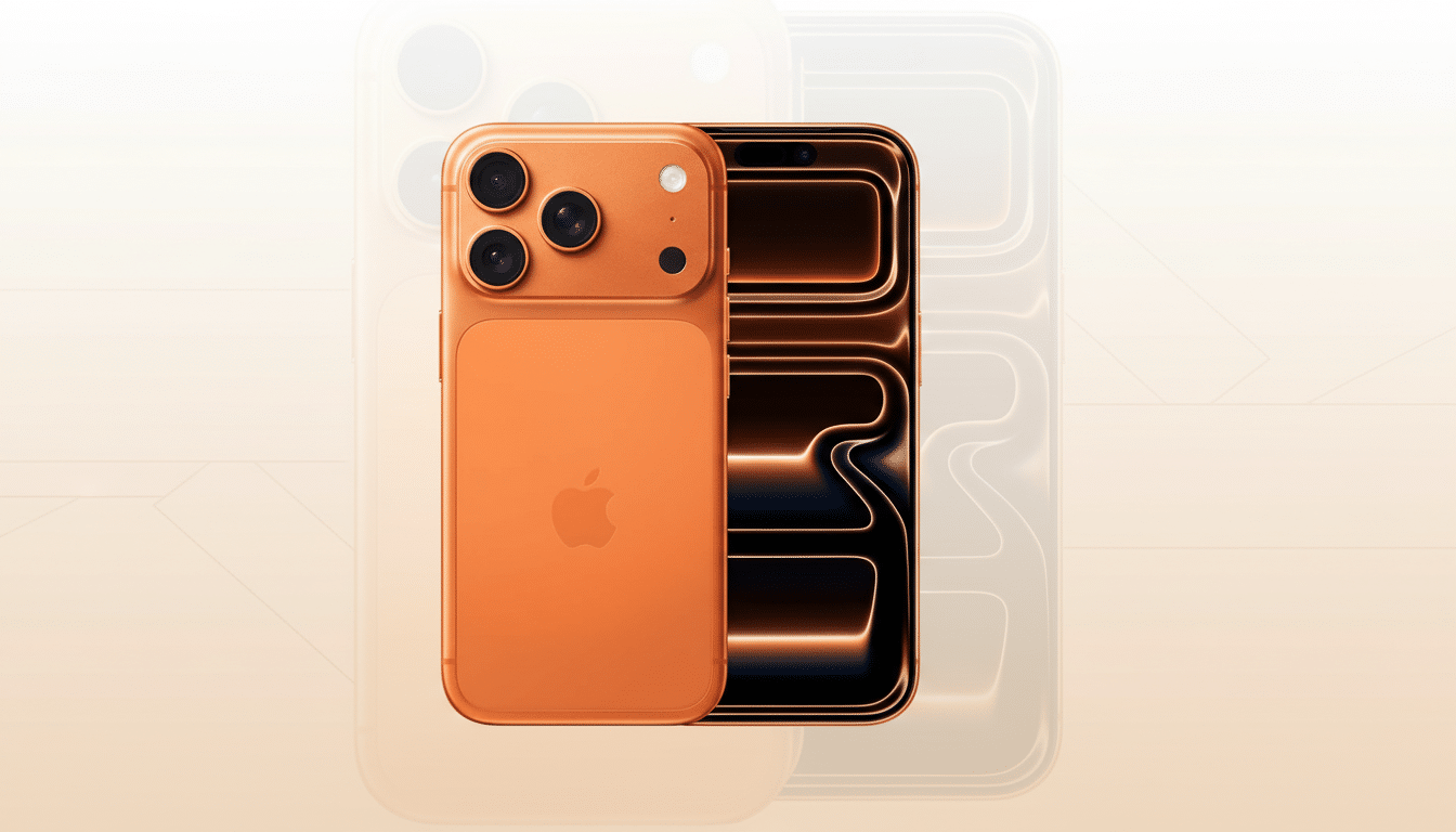 An orange iPhone with three cameras on the back, next to another iPhone displaying a glowing orange and black interface, set against a soft gradient background with a subtle outline of the phone.