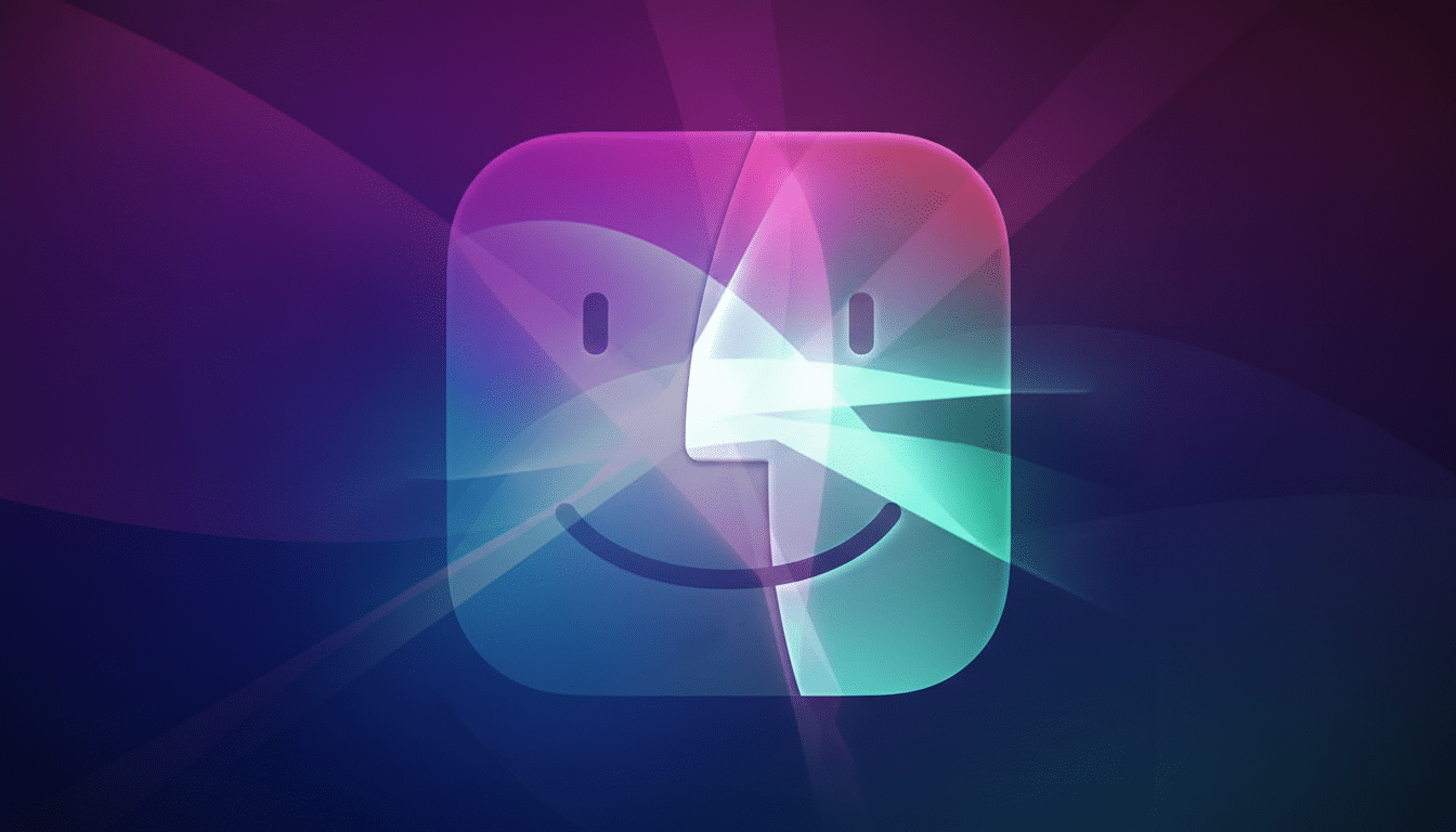 A 16:9 aspect ratio image of the macOS Finder icon, a stylized blue and purple face with a prominent nose, set against a dark, subtly glowing background.