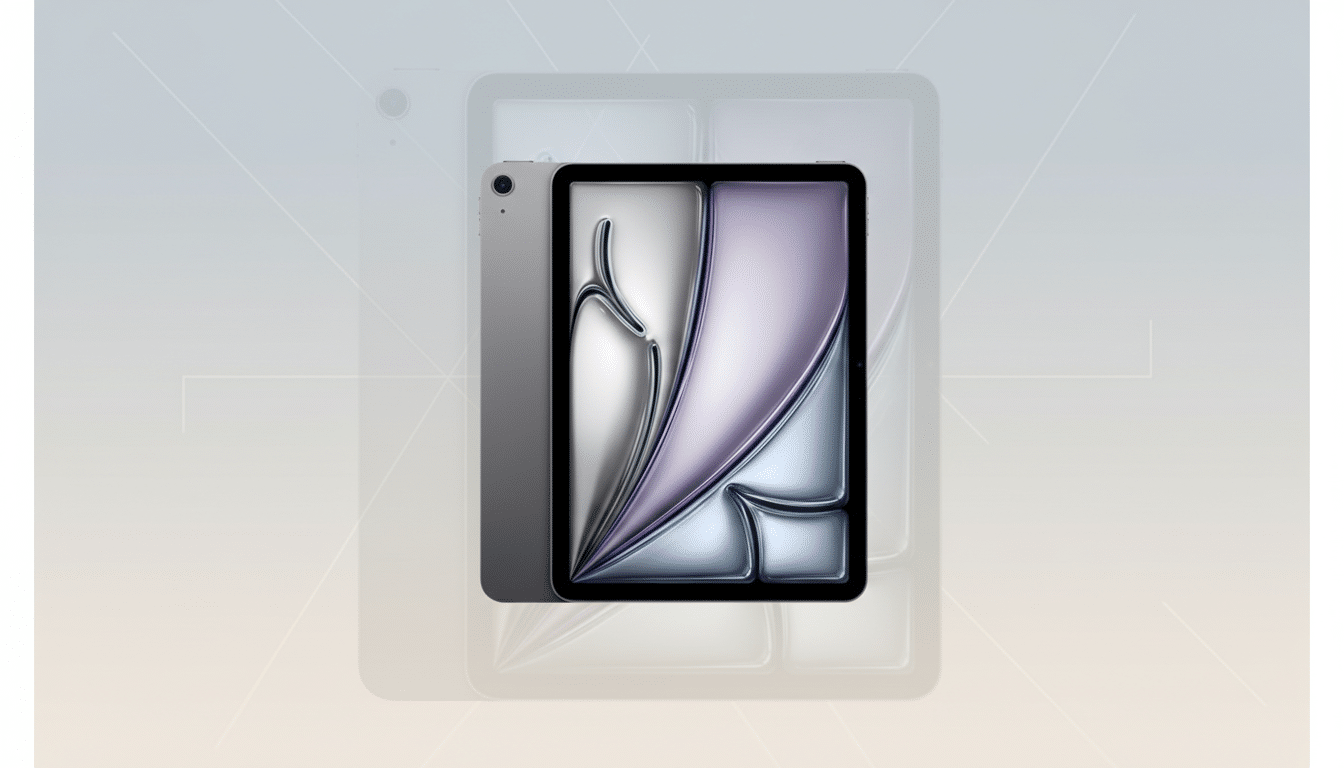 A gray tablet with a screen displaying an abstract design in silver and purple, set against a professional flat background with soft patterns and gradients.