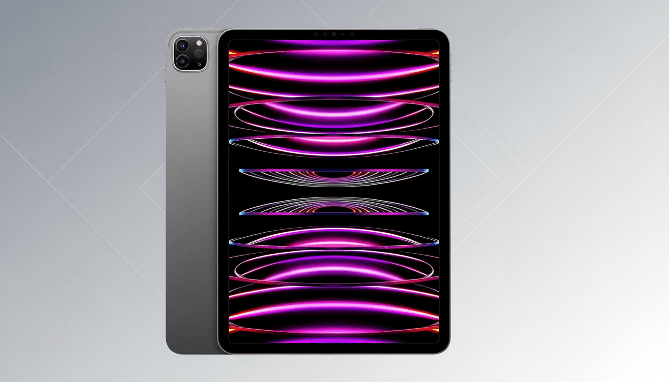 A silver iPad Pro with a black screen displaying vibrant pink and purple abstract lines, set against a professional light gray background with subtle geometric patterns.