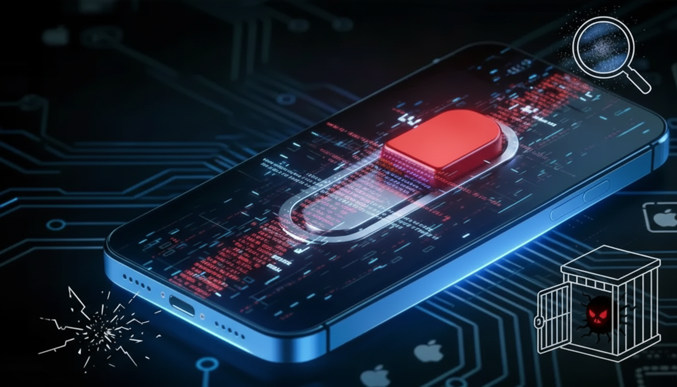 A smartphone with a red battery icon and digital code displayed on its screen, set against a dark, circuit board-like background with various cybersecurity-related icons.