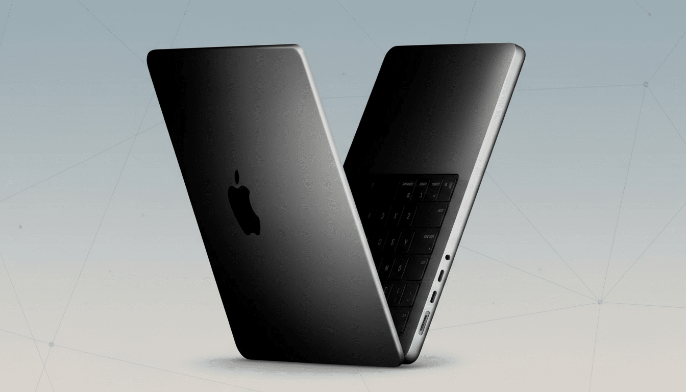 A sleek, dark gray laptop with the Apple logo on its lid, presented at an angle against a professional light gray background with subtle geometric patterns.