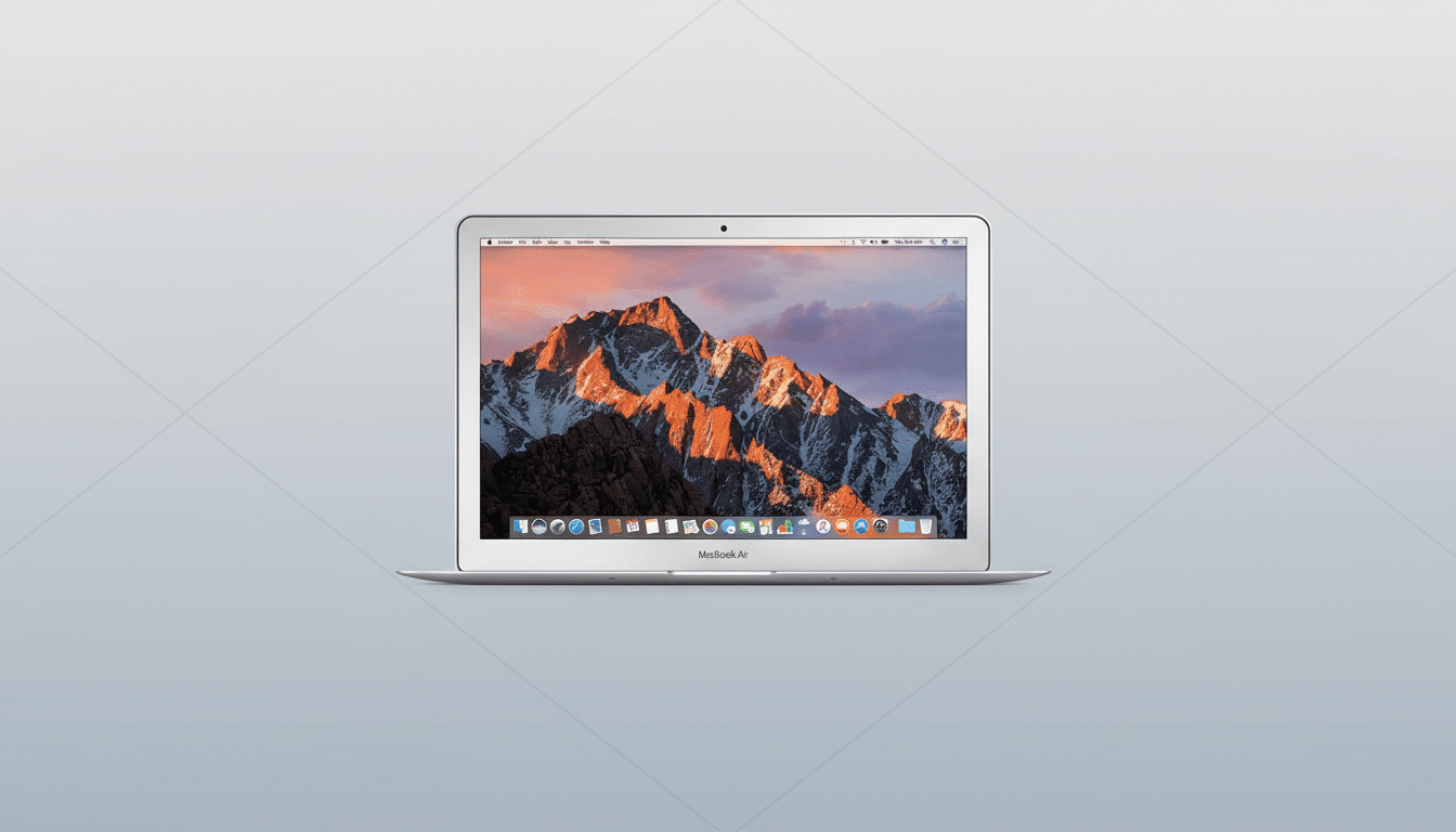 A silver MacBook Air laptop with a mountain range wallpaper on its screen, set against a professional flat design background with soft geometric patterns and a gradient.