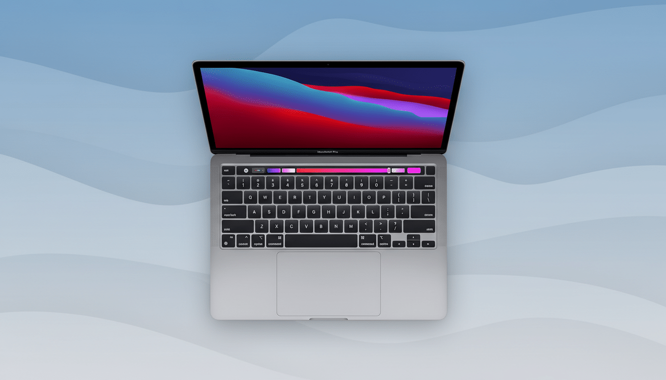 A silver MacBook Pro with its screen displaying a colorful abstract wallpaper, set against a light blue background with subtle wave patterns.